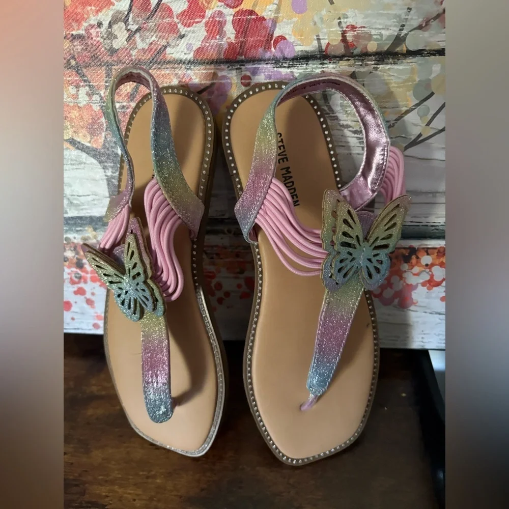 New-Girls Steve Madden Pink and Silver Butterfly Sandals